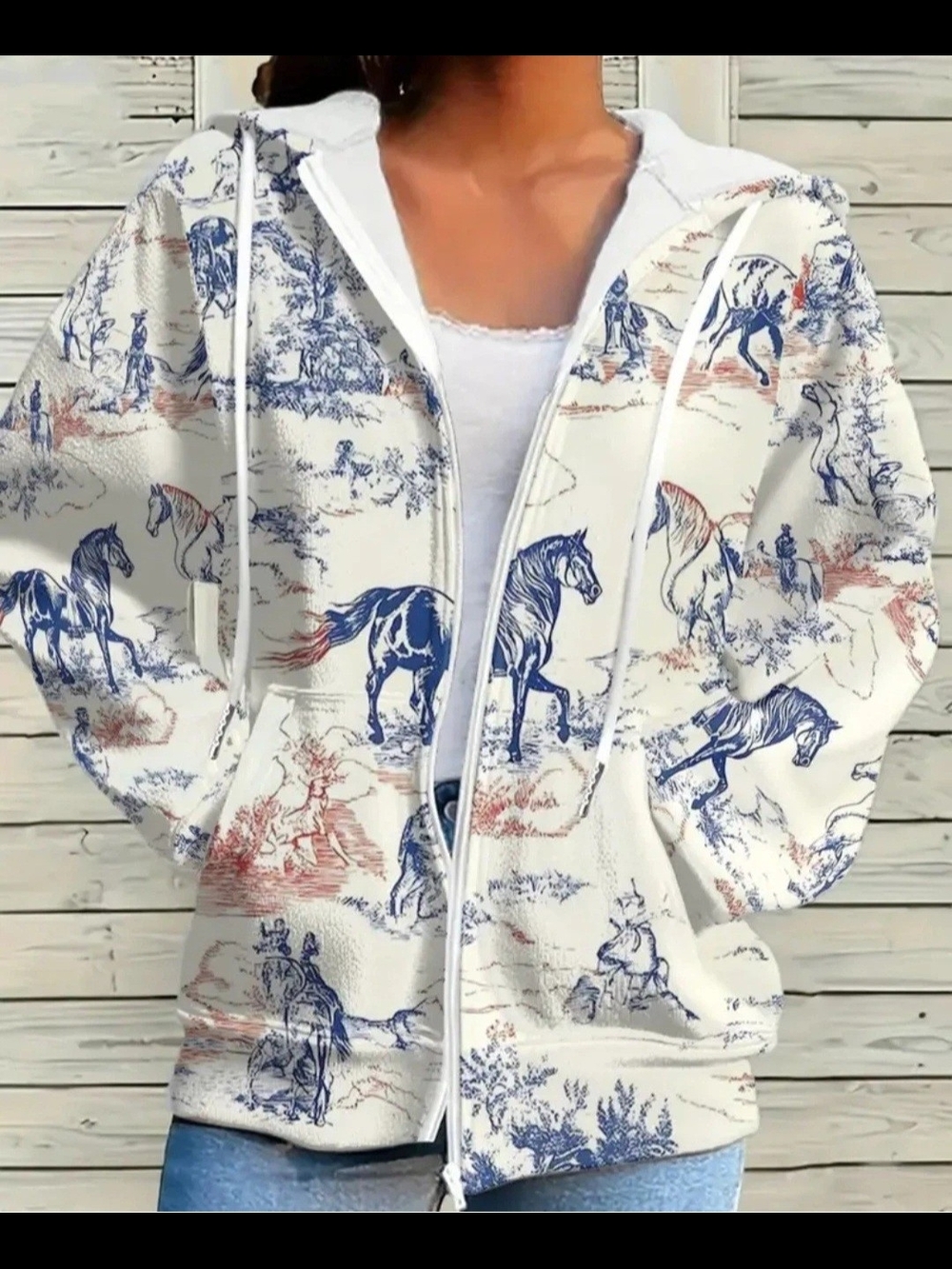 Zip-Up Hoodie with Blue & Rust Toile Horse Print On Off White Hoodie. Sz. 4X